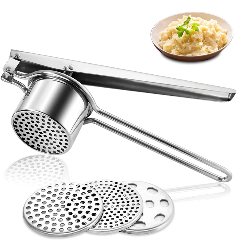 LMETJMA Stainless Steel Potato Ricer Manual Potato Masher With 3 Interchangeable Discs Fruit Juicer Lemon Squeezer KC0442