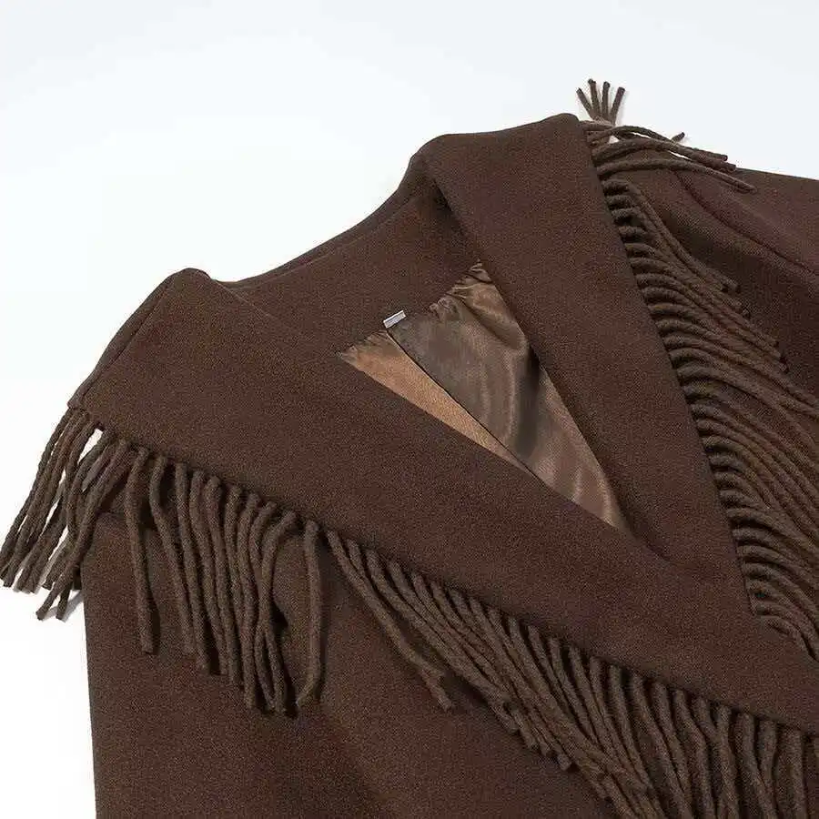 KIDCRKJ Tassel Elegant Women Woolen Coat Lace Up Retro Brown Big Pockets Lady Jacket Long Over The Knee Stylish Female Outwear