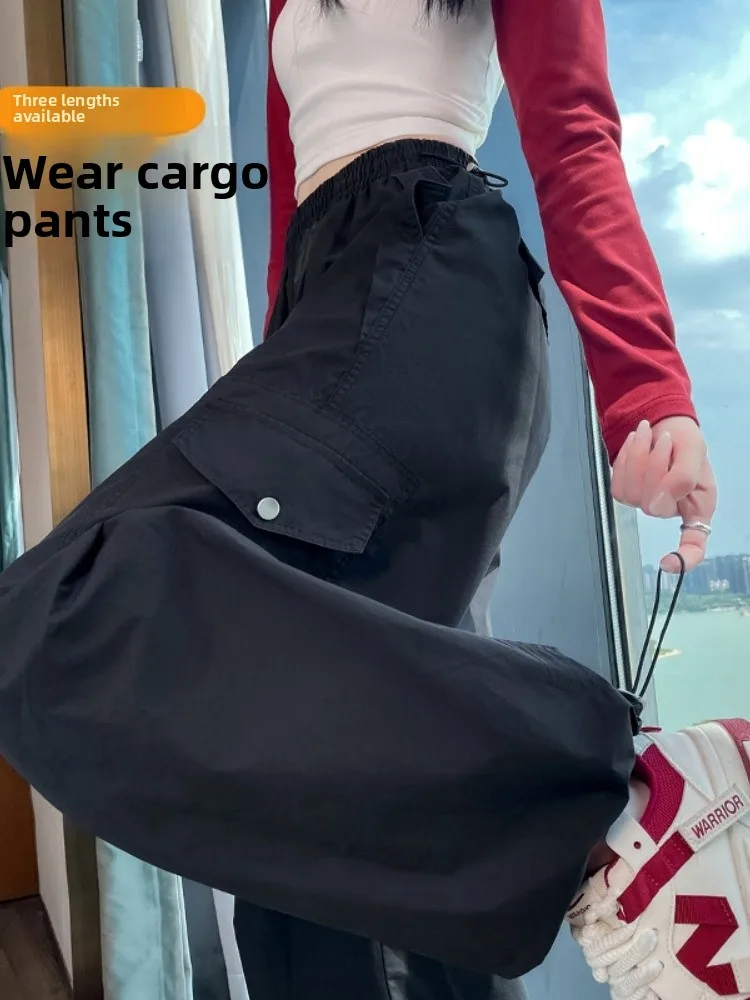 Qui Dry Work Trousers Women's Spring Autumn New Wide Leg Casual Paratrooper High Waist Sports Pants Trendy Cargo Pants