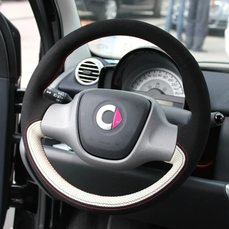 For Mercedes-Benz Smart 451 Fortwo 2009-2015 Hand-stitch Black red Genuine Leather Non-Slip Car Steering Wheel Cover Car parts