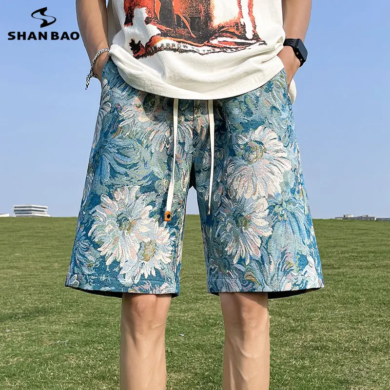 

SHAN BAO Summer Shorts Men Hawaii Men Linen Shorts Loose Straight Comfortable Drawstring Casual Hip Hop Mens Shorts M-5XL