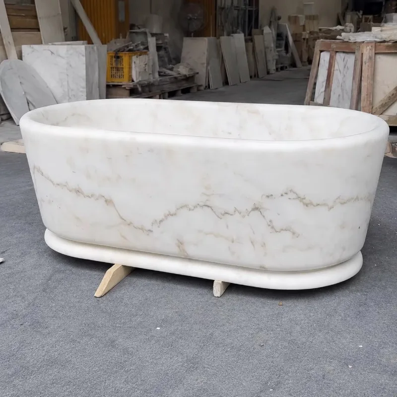 Modern Carrara White Marble Freestanding Bathtub Japanese Soaking Tub Small Size Natural Stone Standalone Bath For Hotel Villa