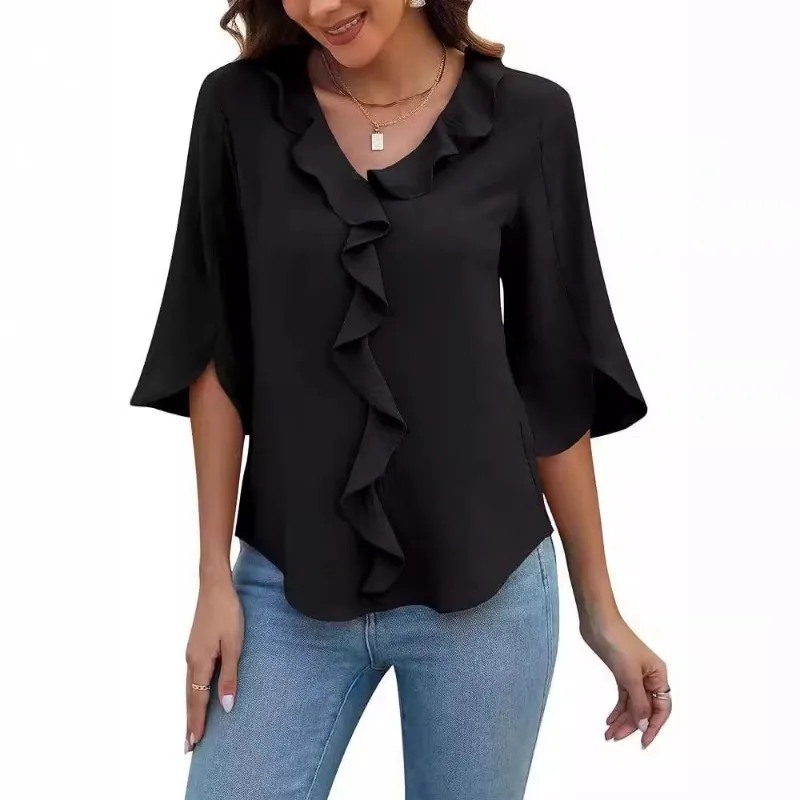

Women's Ruffled V-Neck Shirt Bell-Sleeve Blouse