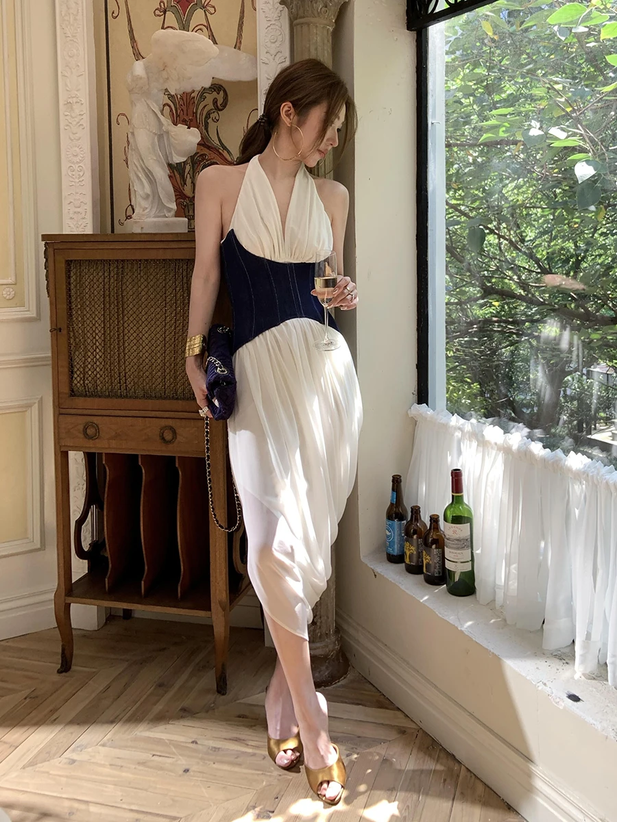 REDDACHiC Vrouwen Witte Jurk met Corset Riem Underbust Denim Taille Trainer Chiffon Halter Ruches Schede Jurk Avondfeest Jurk