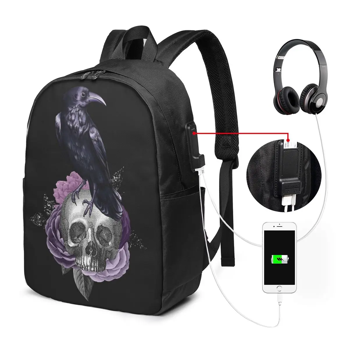Gothic Skull Crow Roses Backpack Travel Notebook Bag Computer College Student School Bag Laptop Shoulder Bags for Men Women