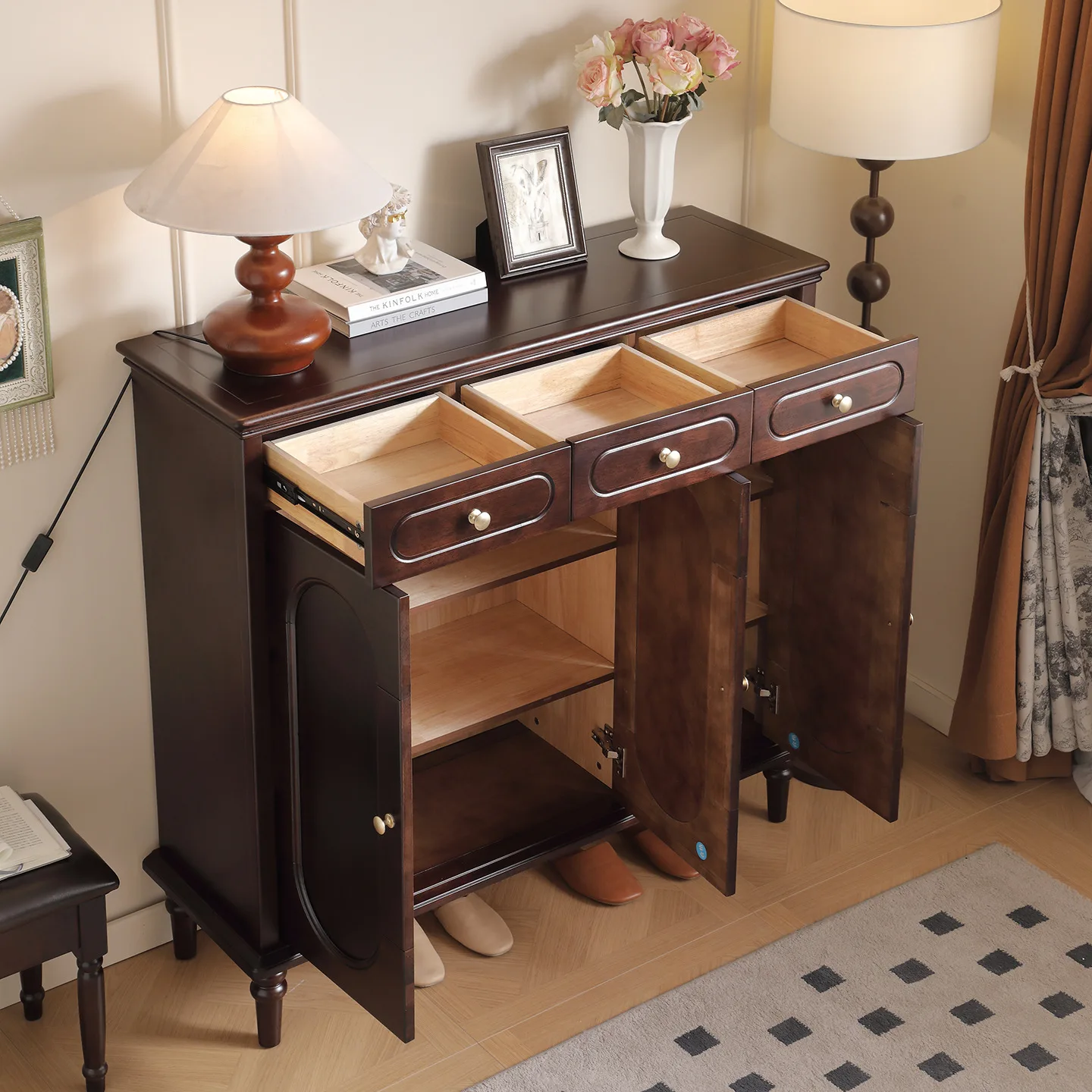 American Solid Wood Shoe Cabinet, Simple Home Wall Sideboard Cabinet Small Capacity Retro Country Large Capacity Entry Cabinet.