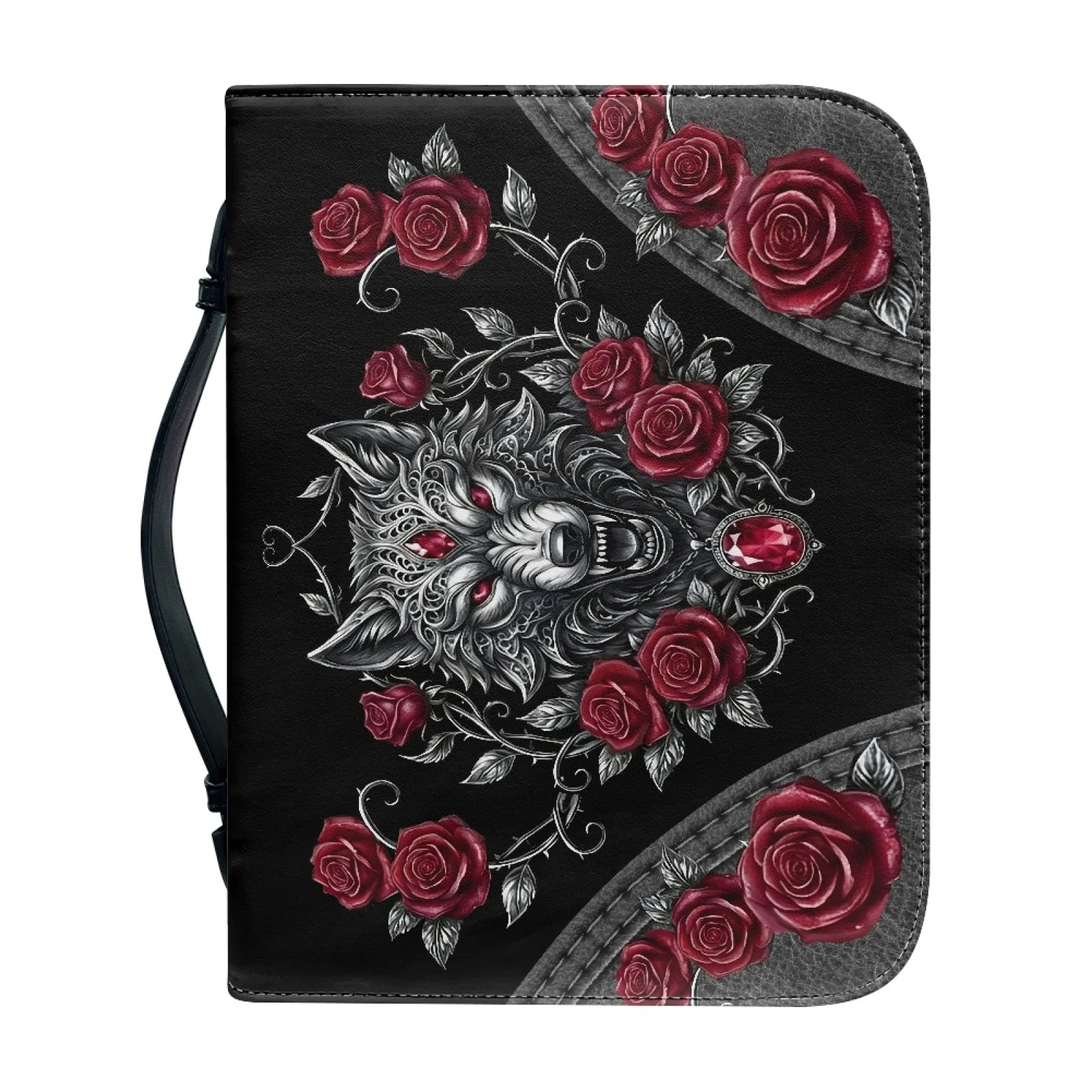 PENSTROLL Wolf Red Rose Gothic 2026 Collection Bible Carrying Case Bag PU Leather Protective Bible Covers for Men