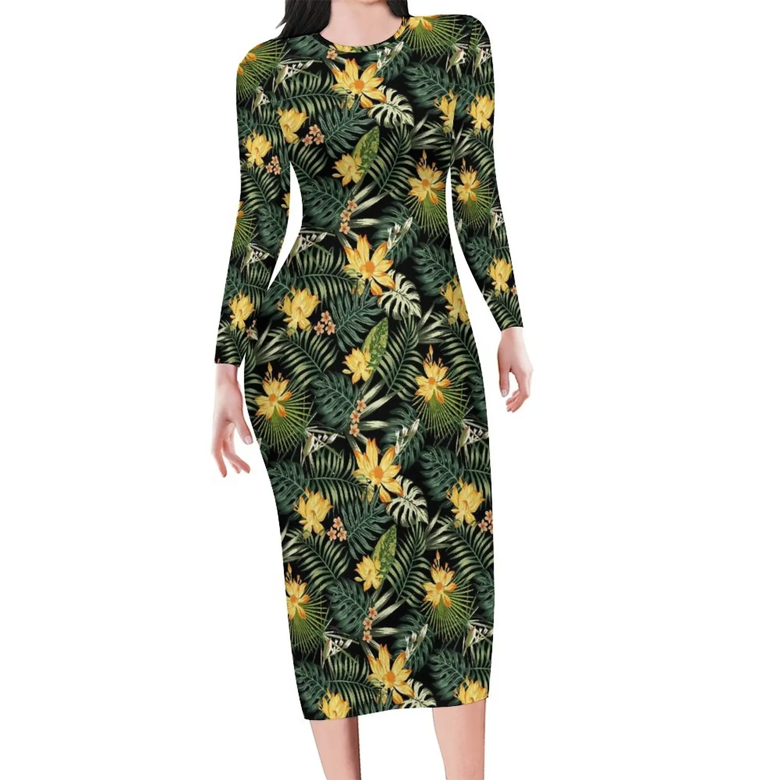 Tropical Floral Dress Long Sleeve Midnight Flowers Street Fashion Dresses Spring Elegant Bodycon Dress Women Graphic Vestido