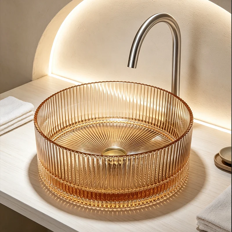 Amber-Colored Glass Countertop Basin, with a Simple and Elegant Round Design, the Light Passing through the Basin Creates Dynamic Reflections, Creating a Rich Atmosphere. the Three-Dimensional Straight-Line Design Adds More Layers to the Light and Shadow, Making It an Ideal Choice for Modern Bathroom Fixtures, Suitable for Dressing Rooms, Vanity Tables, and Home Bathroom Sinks, and Can Be Matched with Various Decor Styles (Accessories Not Included)