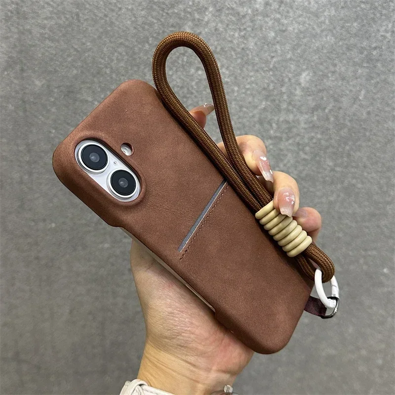 Luxury Sheepskin insert Card Soft Leather Lanyard Case iPhone 16 15 14 13 12 Pro Max 16 Plus Skin Feel Shockproof Bracelet Cover