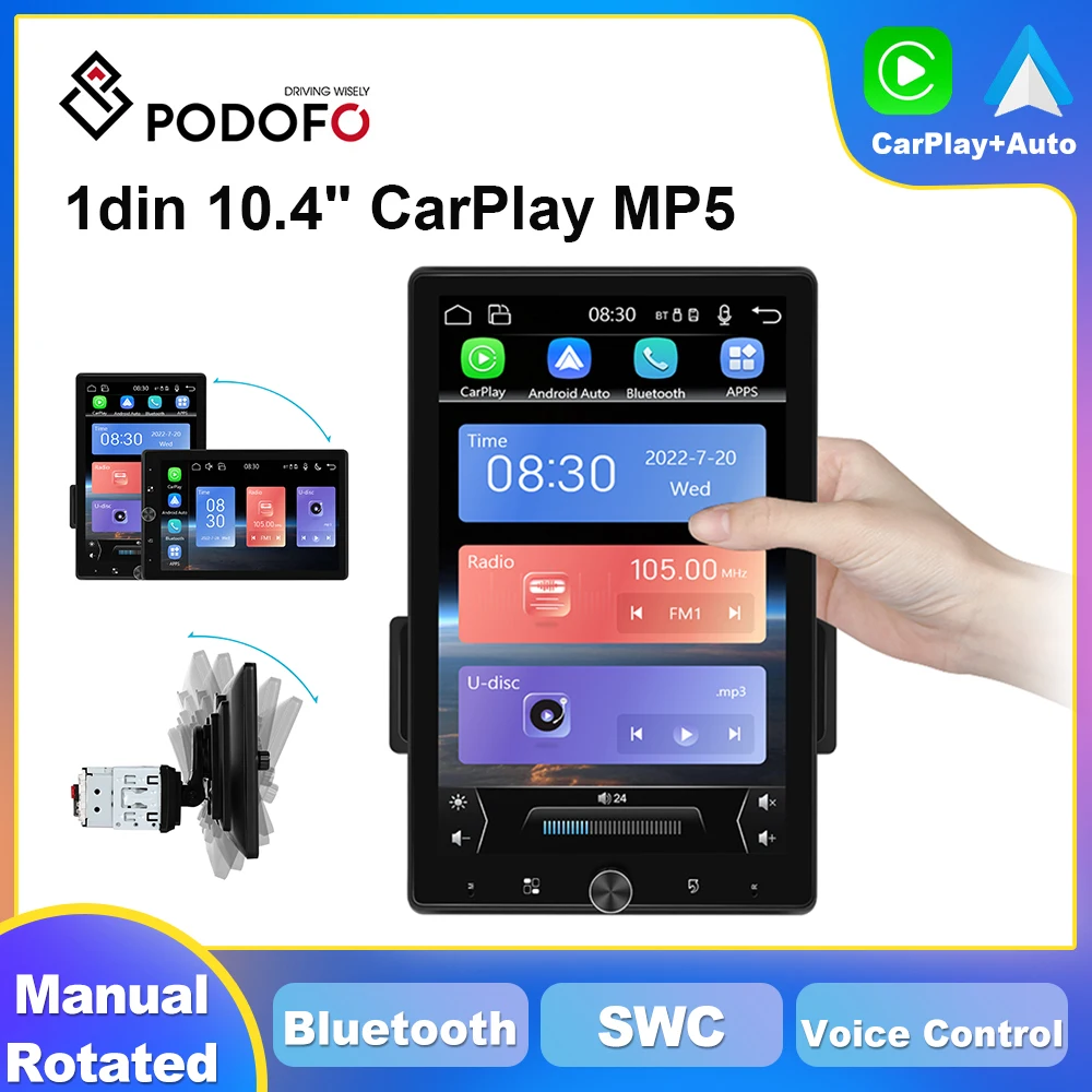 

Podofo 1din CarPlay Car Radio 10.4in Universally Multimedia MP5 Video Player Touch Screen Head Unit Stereo Navigation Auto Audio