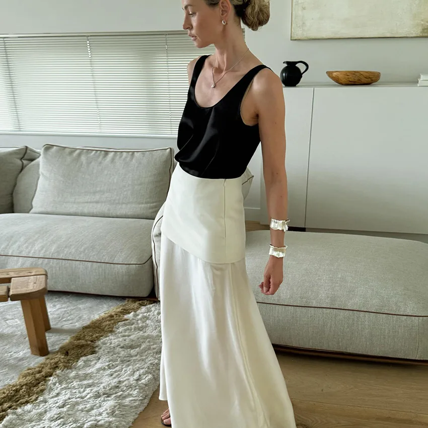 Solid Ankle Summer Casual Length Skirt 2026 Spring Elegant Satin White Long Woman Office Skirts For Folds A Line Skirts