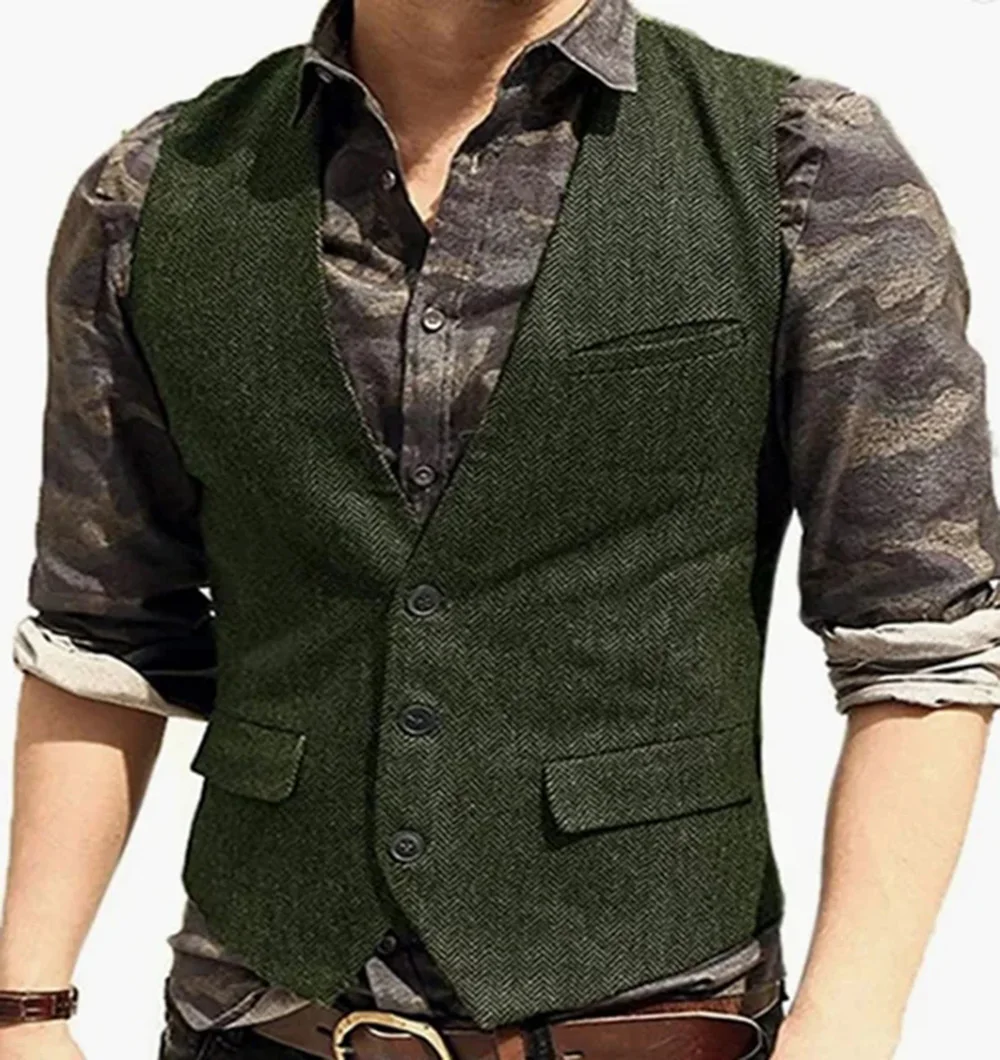 Black Flip Pocket Men Suit Vest V Neck Jacket Herringbone Tweed Business Waistcoat Wedding Groomman Clothing Victorian Steampunk