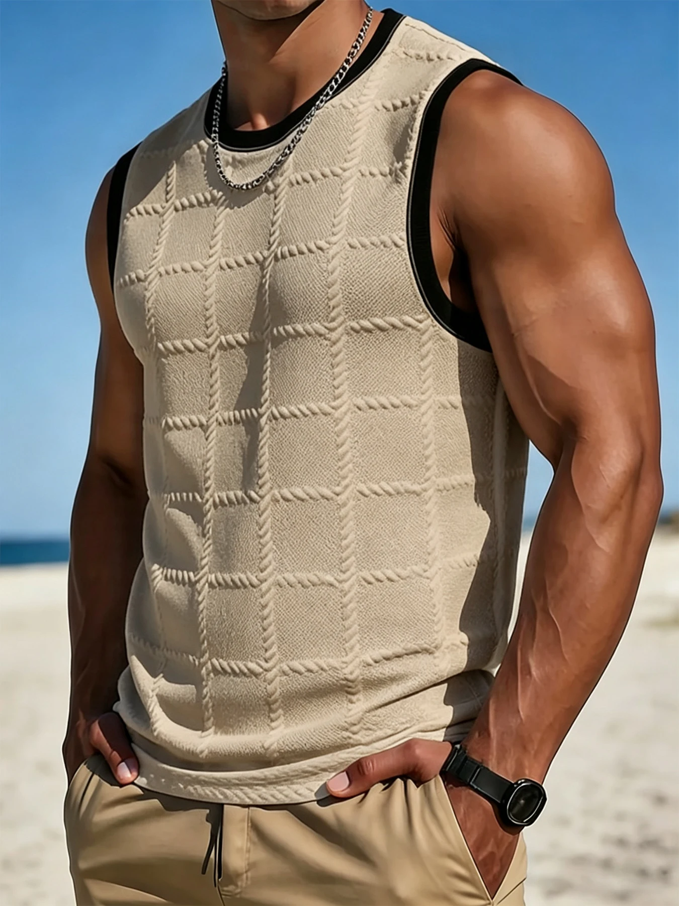 Hot Sale Men's Streetwear Slim Knit Sleeveless Tank Top, Cool Street Sports Style, 3D Checkered Texture Contrast Ribbed Collar,