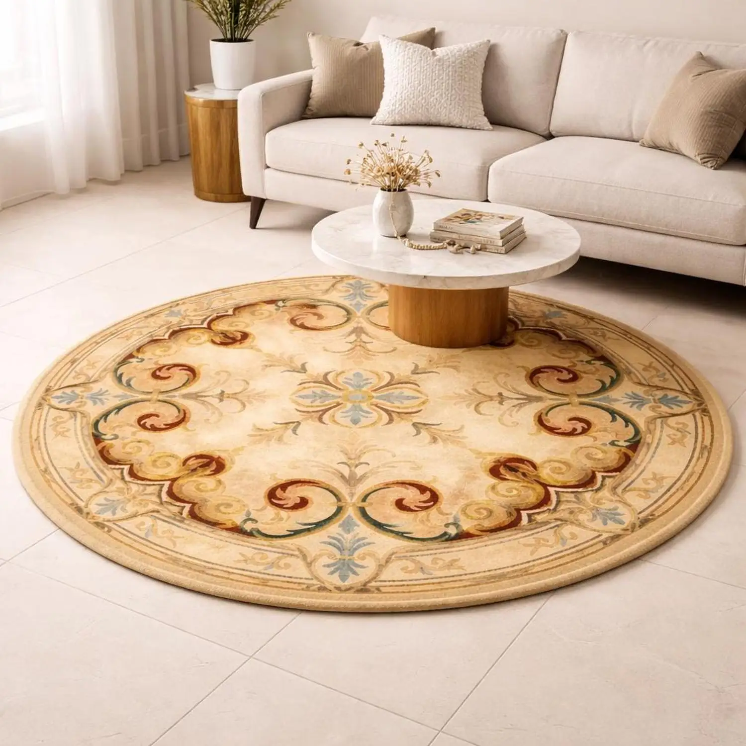 【Room Decorative Carpet】Round Carpet, Ivory Gold Scroll Pattern, Traditional Floral Design, Suitable for Living Room, Size: 4X4 Feet, 6X6 Feet