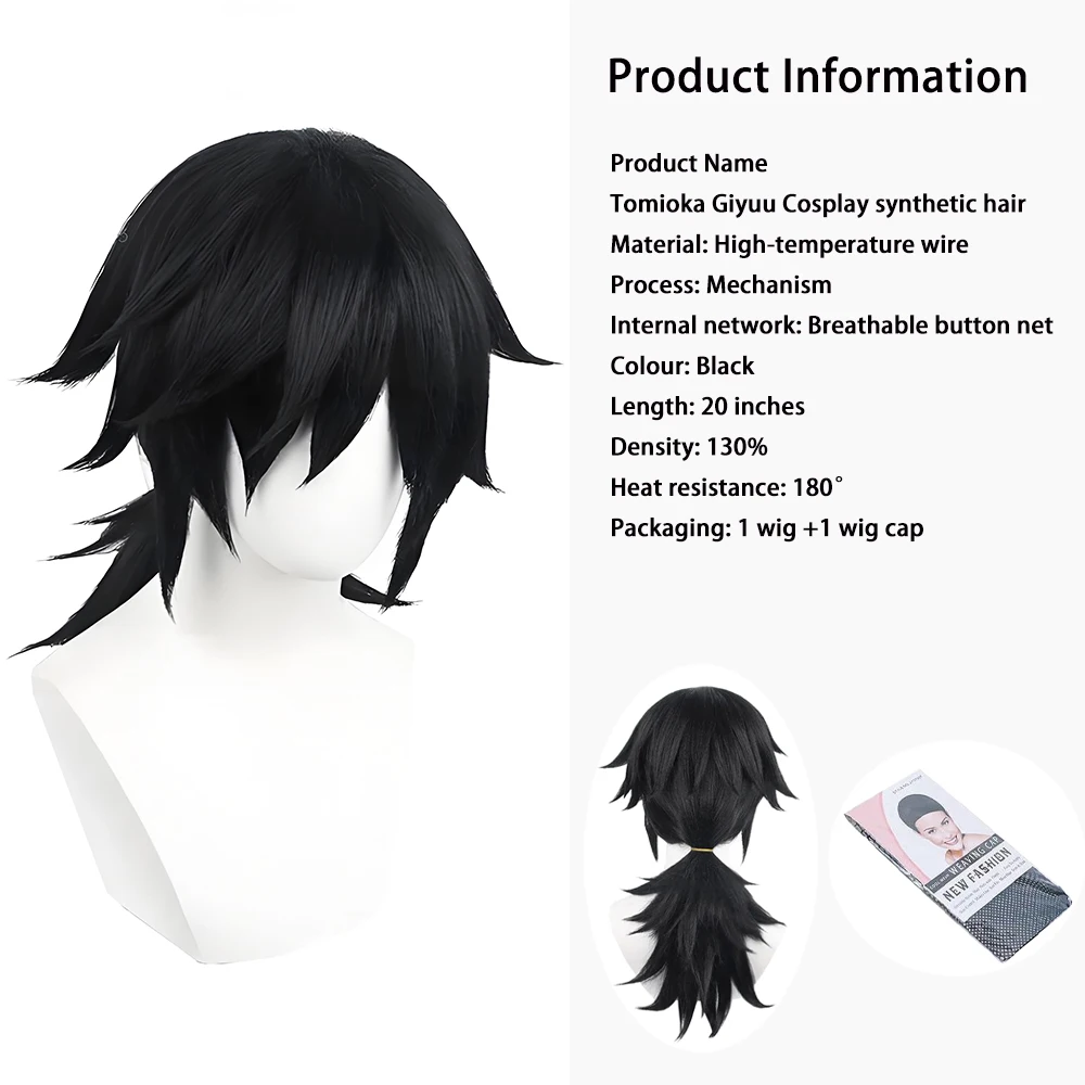 Anime Demon Slayer Tomioka Giyuu Cosplay Syntetyczne Włosy 50 cm Czarny Kucyk Puszysty Peruka na Halloween Karnawał Codzienna Impreza