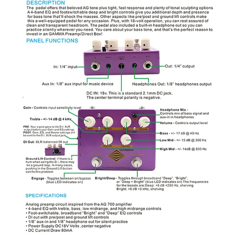 Mosky Gamma Classic Bass Preamp Effect Pedal 4-Band EQ Effect With DI,AUX,Treble, Bass, Low Midrange, And High Midrange Control