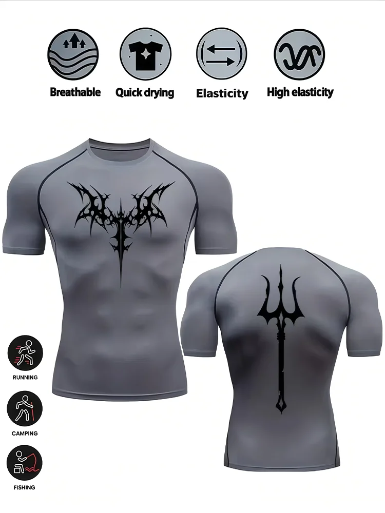 Men's Gothic Trident Print Compression Shirt Quick Dry Short Sleeve Athletic T-Shirt for Gym Running Workout Training wx223