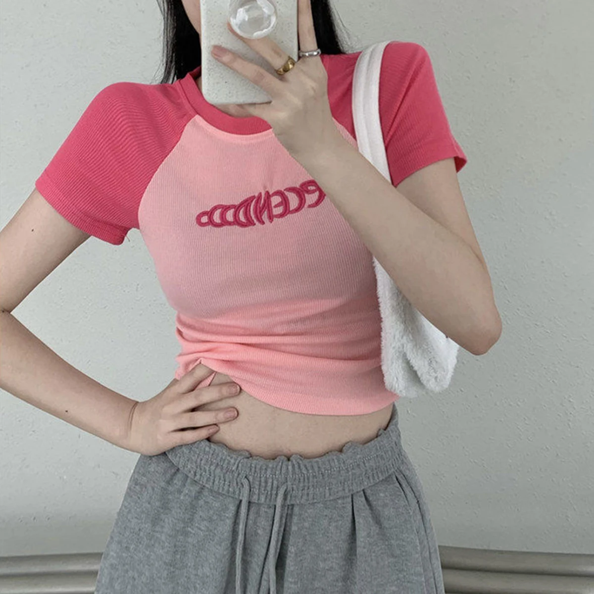 

Letter Print T-Shirt Women Short Sleeve Cute Patchwork Tops Fashion Retro Contrast Color Crop Top Hot Girl Kpop Skinny Y2K Tees