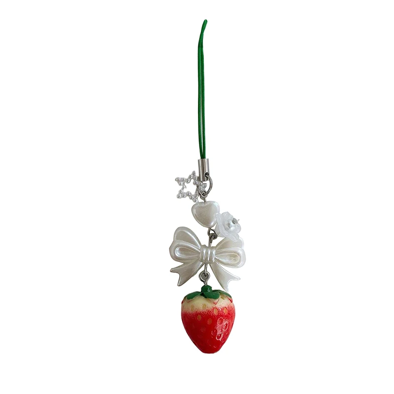 1PC Cute Simulation Fruit Ornaments Creative Resin Y2K Strawberry Bow Keychain Bag Pendant Female Accessory Gift