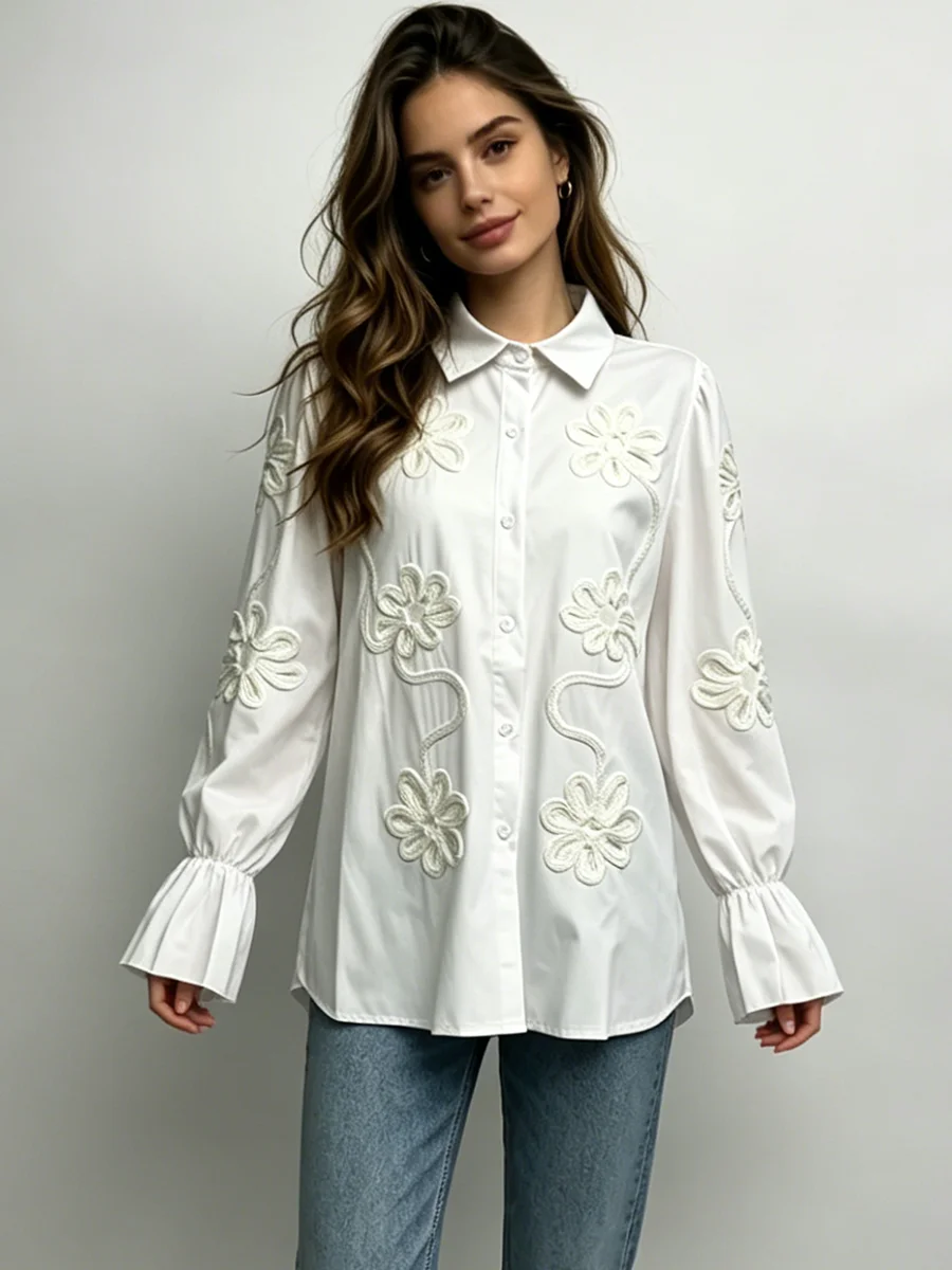 

LIMO Button-Up Shirt for Women with 3D Cordwork Embroidery and Flared Bell Cuffs