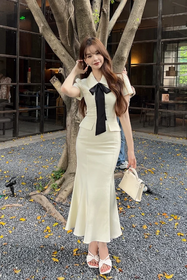 

French Gentle Style Lapel Lace-up Bow Short-sleeved Mermaid Dress Women High-end Light Luxury Long Wrapped Hip Temperament Dress