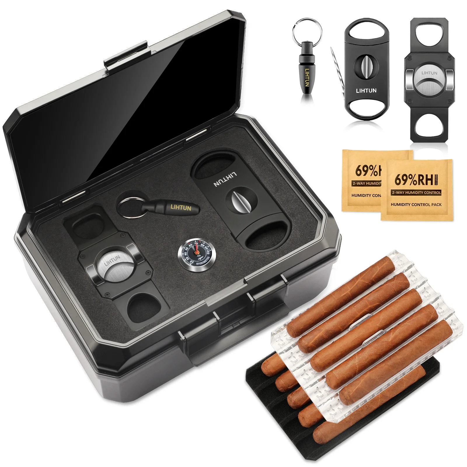 Portable Travel Humidor Box with 2 Cigar Cutters 1 Cigar Punch Hygrometer - Complete Cigar Accessories Set for On-the-Go Smoking