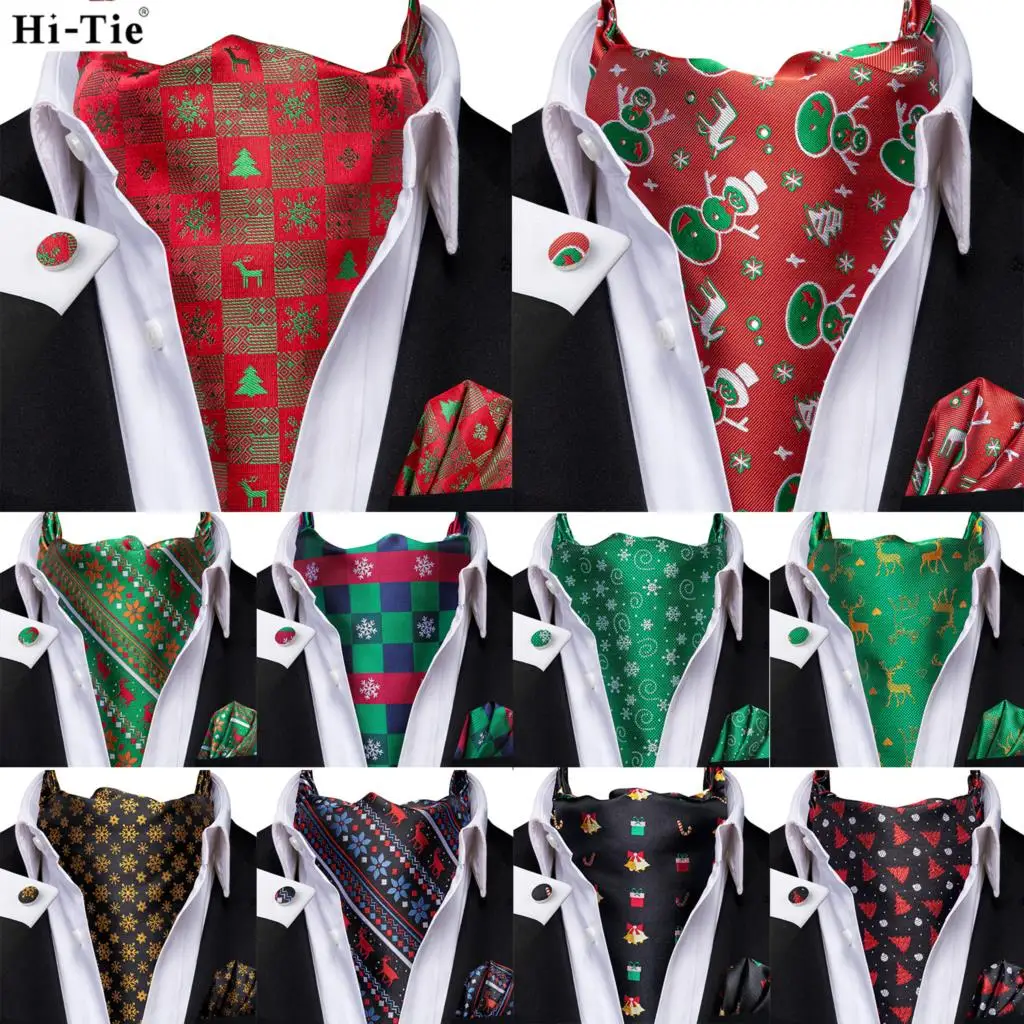 Hi-Tie Silk Christmas Mens Elegant Ascots Brand Jacquard Hankerchief Cufflinks Vintage Cravat Scarf For Male Party Xmas Gift