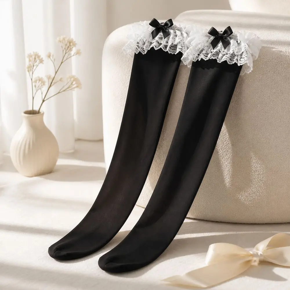 Fashion Ruffled Lace Trim Thigh High Stockings Bow Smooth Finish Lace Top Stockings Elastic Top Over Knee Stockings Women