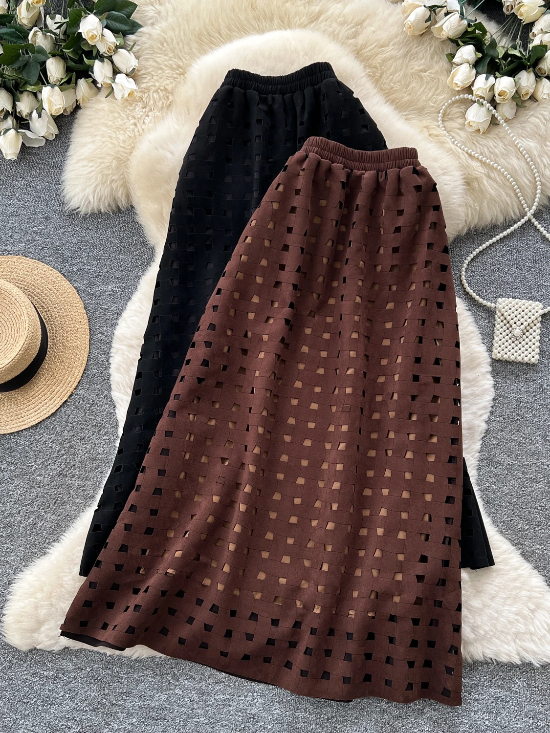Korean Style Commuter Plaid Hollow out A-Line  Skirt Women's High Waist Slimming Hip Covering Elegant Midi Skirt