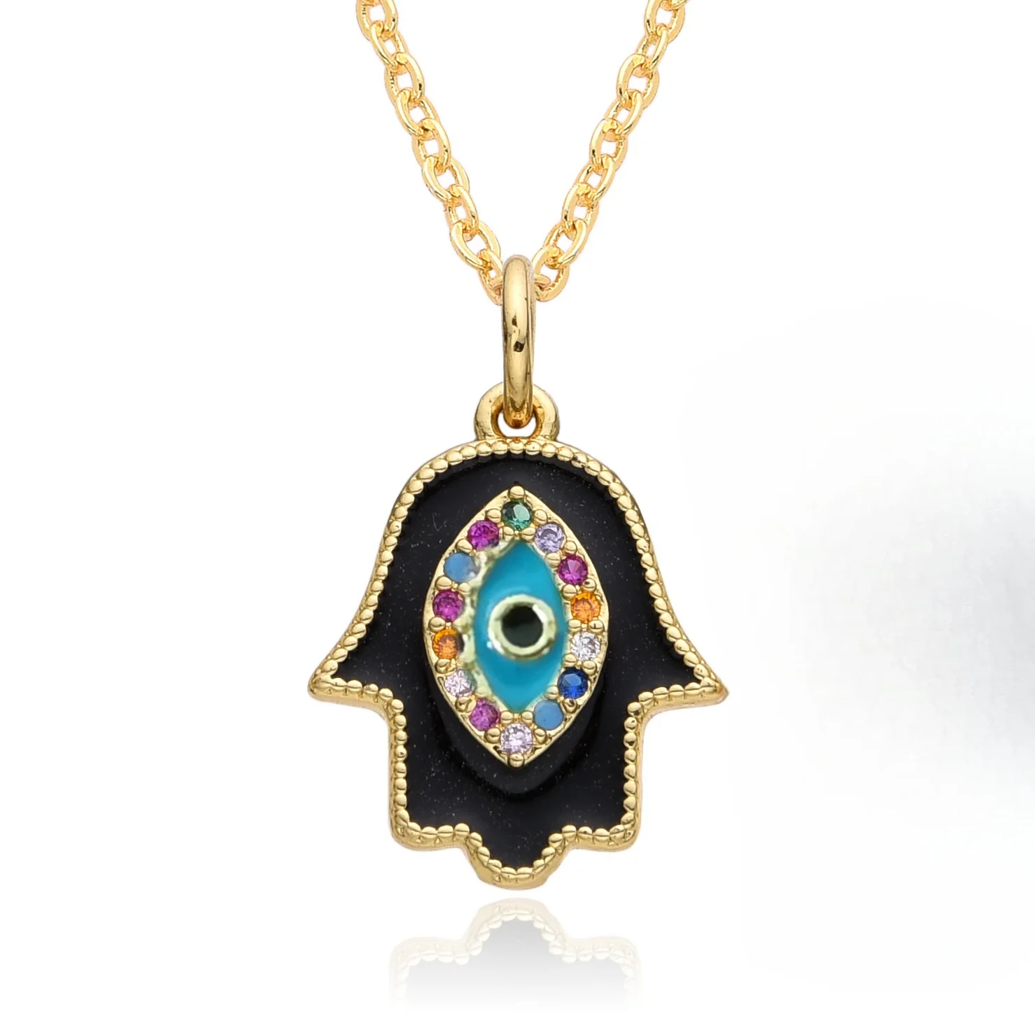 New Gold Color Fatima Hand Charms Oil Drip Green Turkish Evil Eye Necklace for Women Zircon Emo Choker Chain Pendant DIY Jewelry