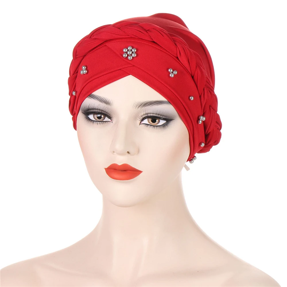 Turbante trenzado con cuentas para mujeres musulmanas, gorro de quimio, Hijab, pañuelo para la cabeza, gorro para la pérdida de cabello, sombreros para el cáncer, Turbante indio