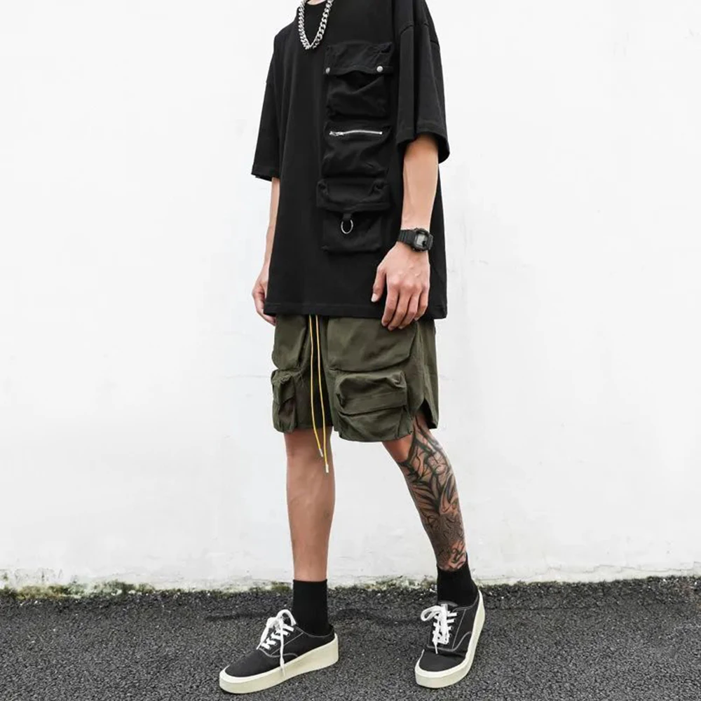 Mens Clothing 2024 Summer New Fashion Street Retro Army Green Drawstring Functional Pocket Loose Casual Cargo Shorts for Men