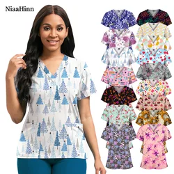 Floral Printed Pet Grooming Working Uniform Women Short Sleeve V-neck Tops Female Surgical Blouse Nurse Workwear Medical T-shirt