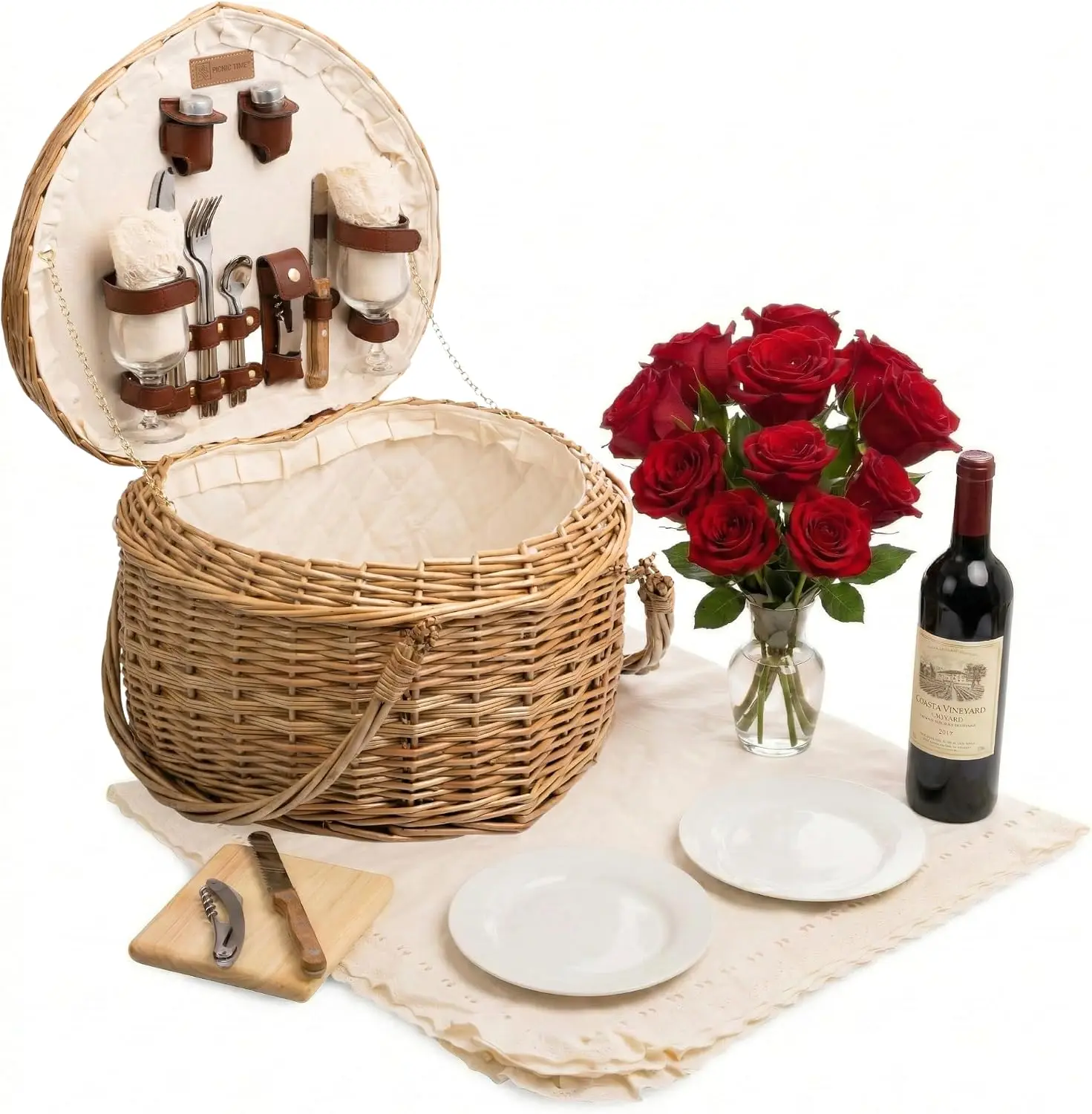 Heart Shaped Handwoven Willow Picnic Basket Set With Deluxe Service For 2 Vintage Wicker Storage Container Bag For Outdoor Camping Couples Park Dating Antique White