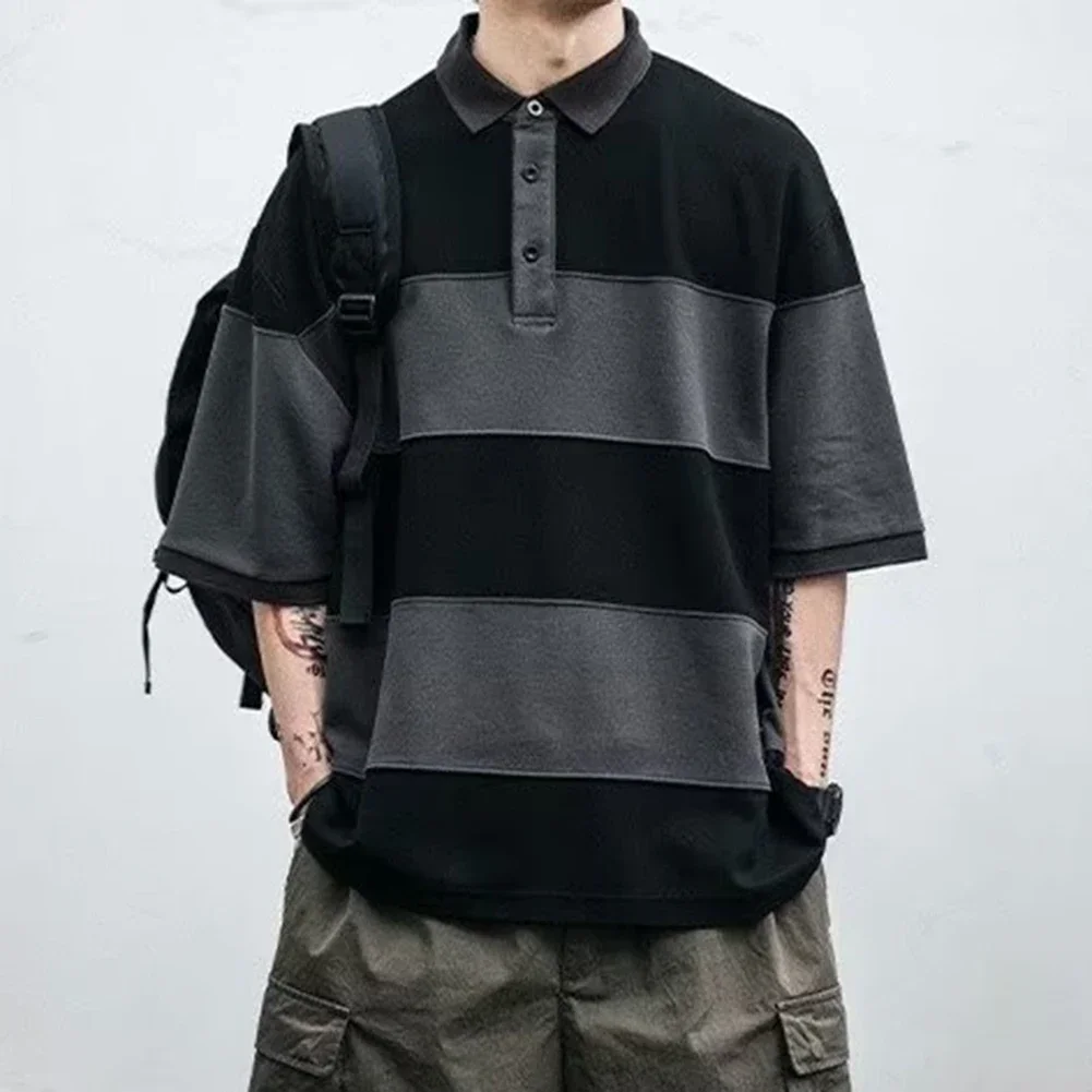 

Colorblock Tee Men Casual T-Shirts All-match Style Daily Casual Wear Holiday Wear Lapel Neckline All-match White