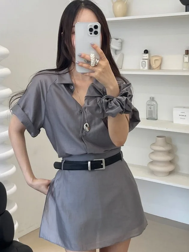 한국 스타일 여성 여름 패션 레트로 스탠드 칼라 쉬폰 셔츠 하이웨이스트 커튼 팬츠 스커트 세트 반팔 버튼업