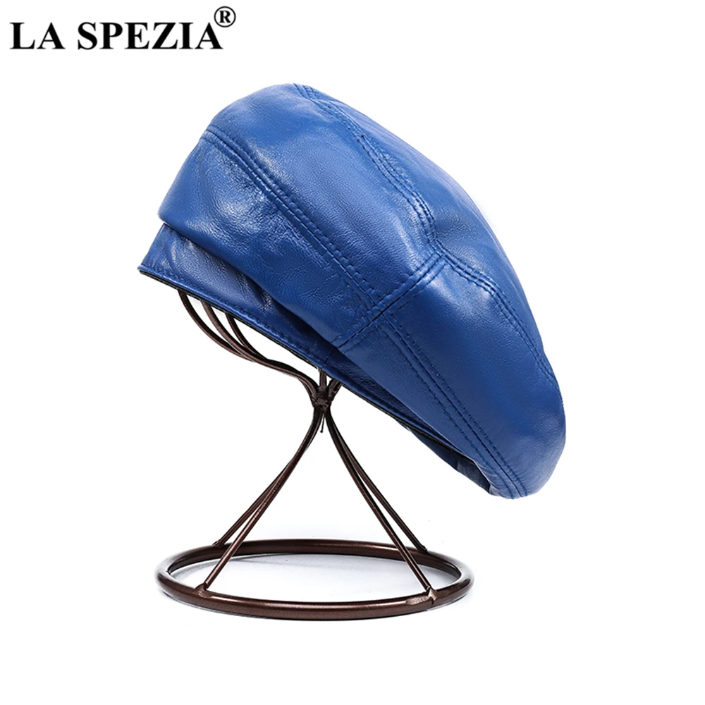 LA SPEZIA Women Beret Hat Vintage Red Womens Hats Genuine Leather Sheepskin Solid Red Blue White Black Autumn Winter Hat