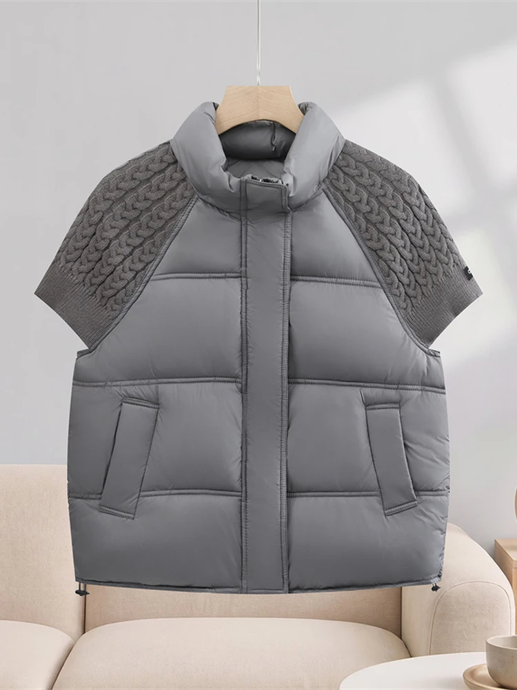 Fashionable Short Knitted Patchwork Cotton Vest Women's Stand Collar Warm Outerwear Jacket 2026 Autumn Winter New Arrival