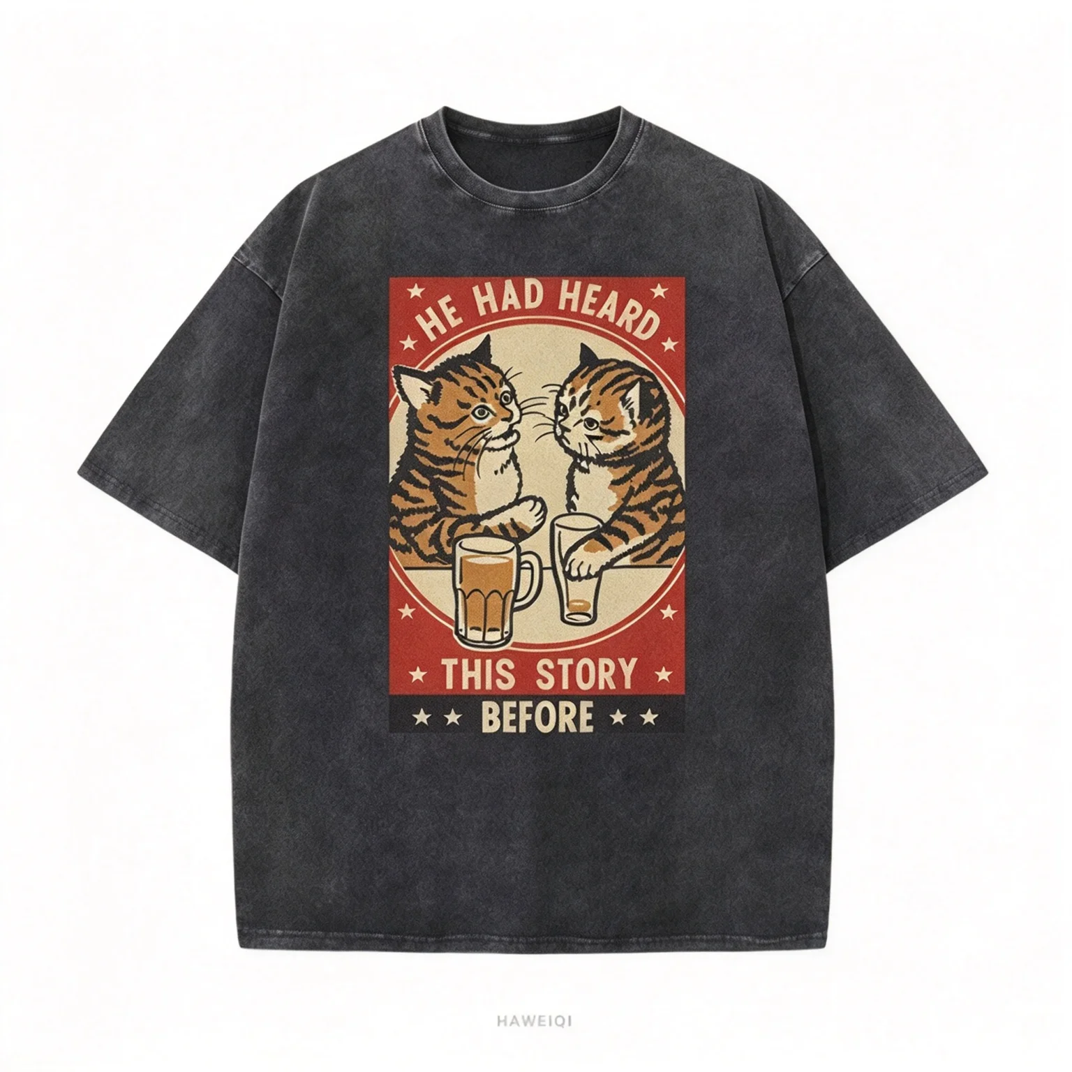 Short-sleeved T-shirt, Cross-border Washed Distressed European and American Style, Cartoon Cat, Harajuku Style Retro Pure