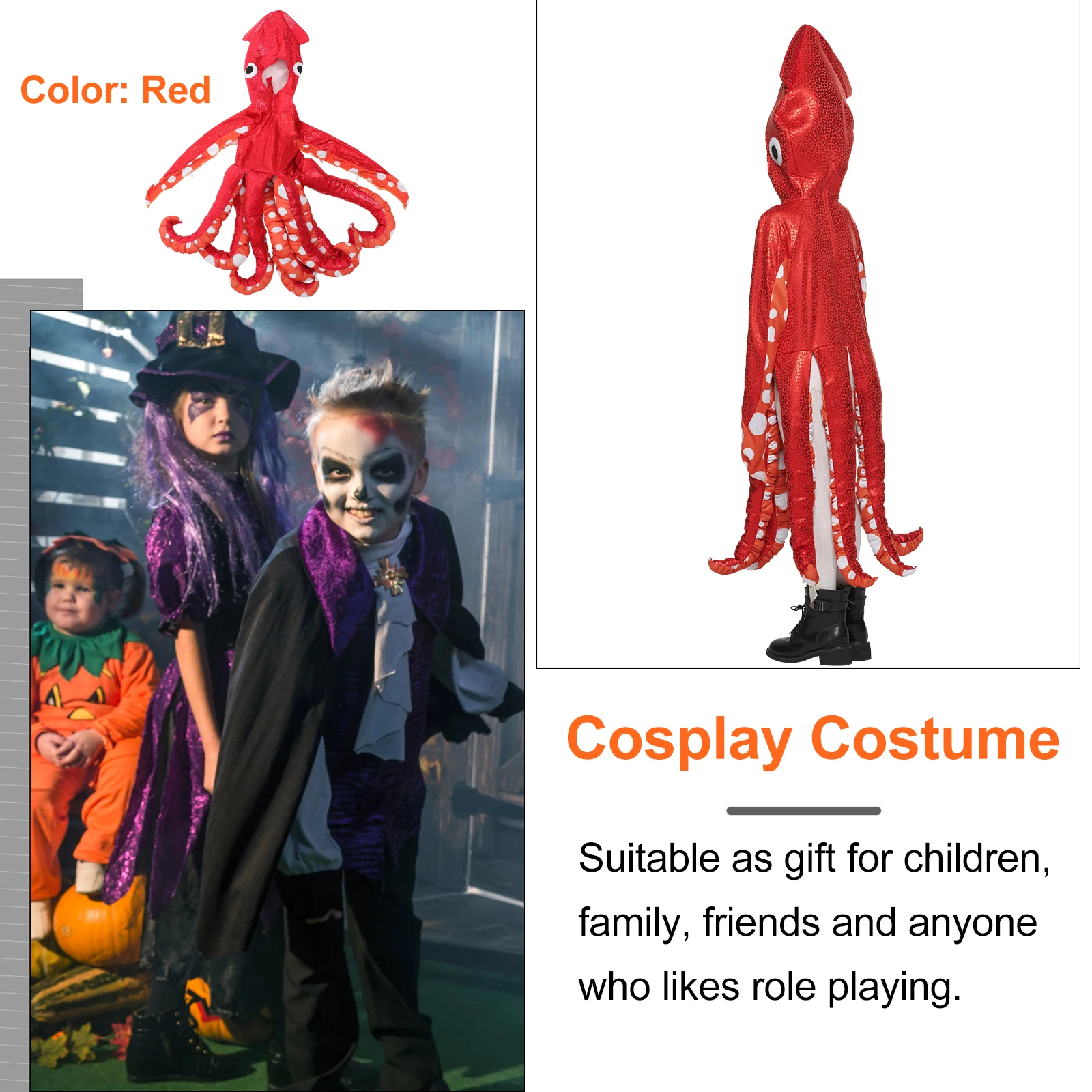 

Squid Jumpsuit Costume s Piece Halloween Party Performance Role Play Dress Up Fancy Child Ocean Costumes