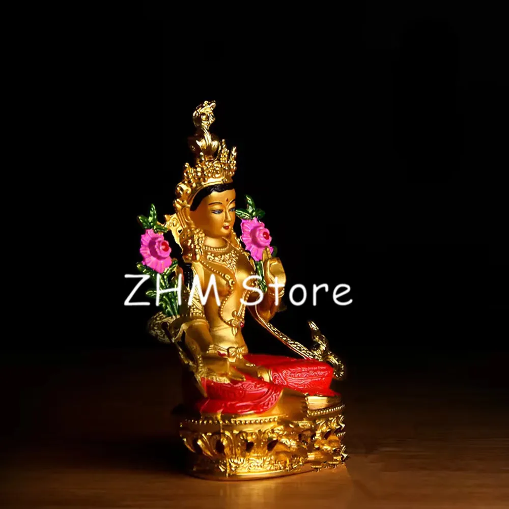 Buddhist Alloy Metal Exquisite Colored Efficacious Tibetan Bodhisattva Green Tara Buddha Gilding Statue Putting Decorations