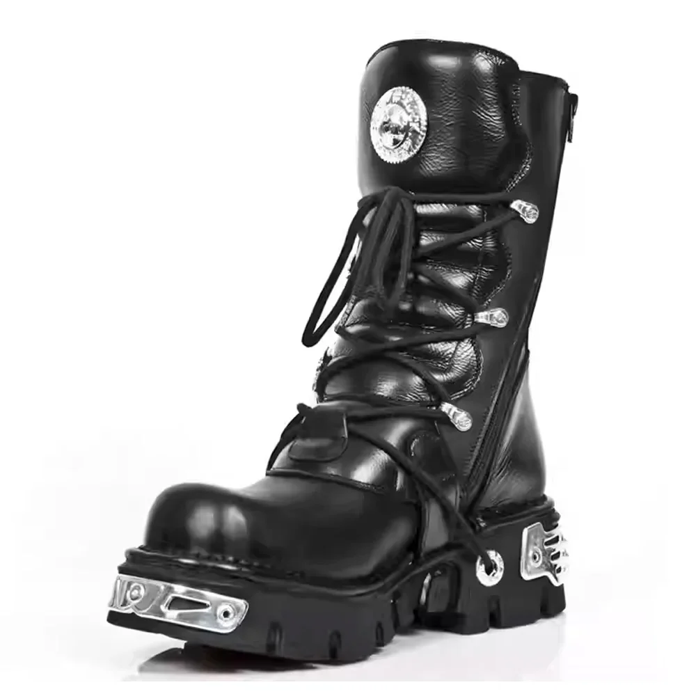 Men's Fashion Genuine Leather Motorcycle Boots Goth Skull Punk New Unisex Mid-calf Cowboy Boots Metallic Combat Boots