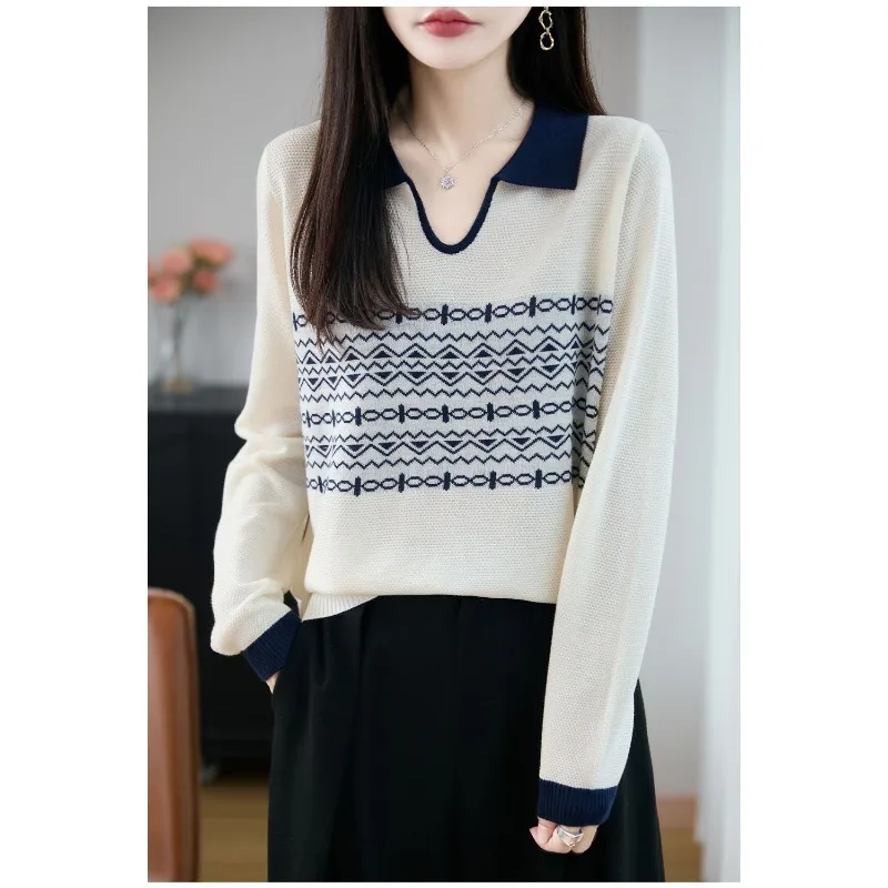 

New Autumn and Winter Wool Contrasting Lapel Striped Retro Jacquard Sweater Long-sleeved Outer Sweater Top