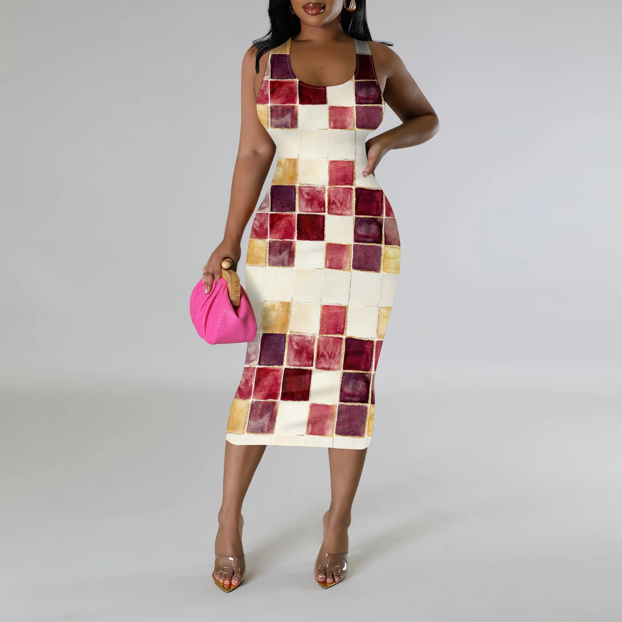 

Geometric Patchwork Print Plus Size Bodycon Midi Dress Women Sleeveless Casual Party Wear Summer 2025 Trendy Look