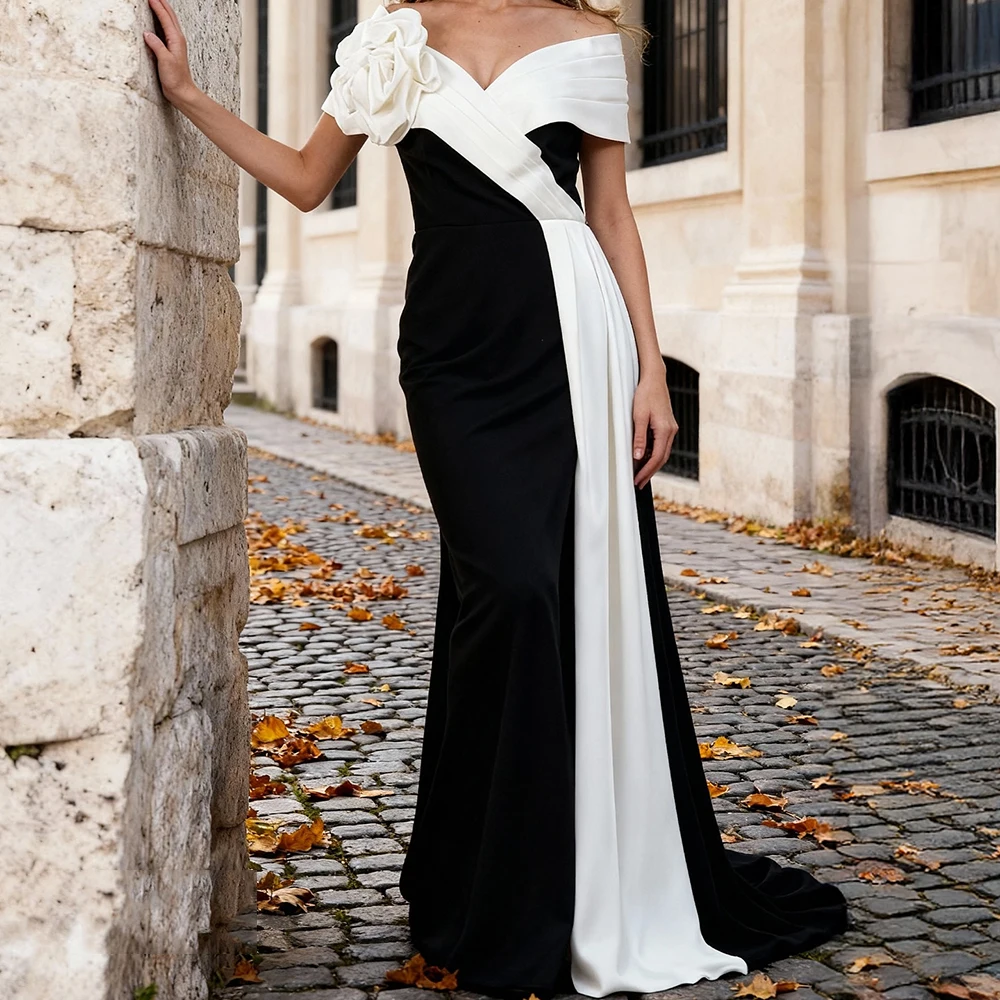 فساتين سهرة حورية البحر مخصصة بطول الأرض قبالة الكتف بدون أكمام فستان حفلات موضة الزهور الطية فستان حفلة بدون ظهر