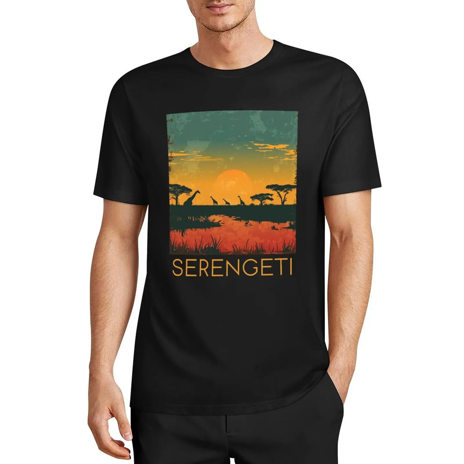 

A Vintage Travel Illustration of Serengeti National Park - Tanzania T-Shirt oversizeds essential t shirt Men's clothing