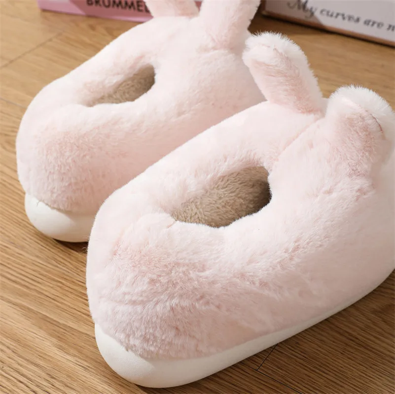 Pink Rabbit Womens Slipper Winter Loafer Girls Funny Animal Cartoon Cotton Shoes Ladies Fur Slides Plush Platform Home Slippers