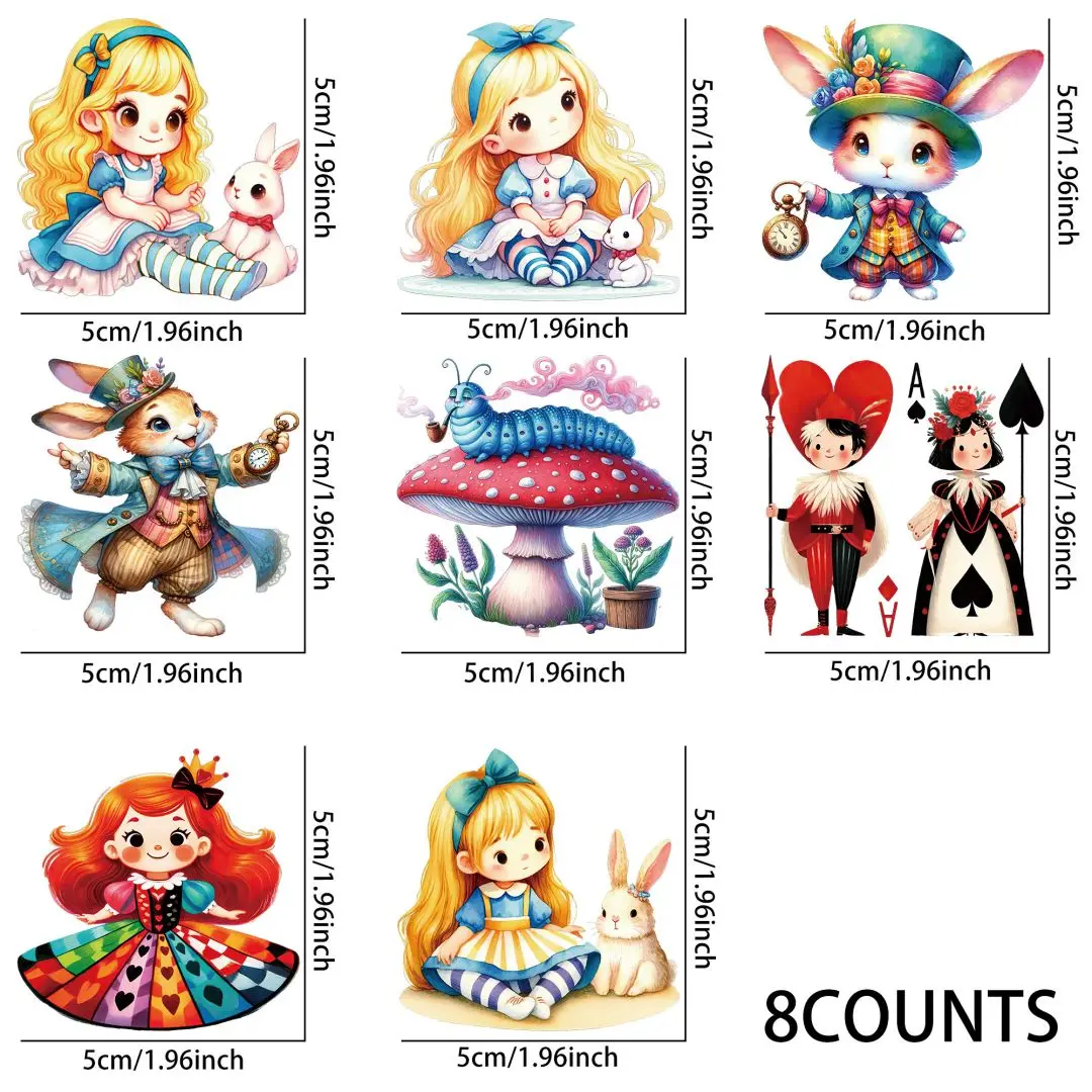 8pcs Kawaii Alice Wonderland UV DTF Cup Stickers, Waterproof Sticker Pack for Decorating Mugs, Cups,DIY Art Supplies