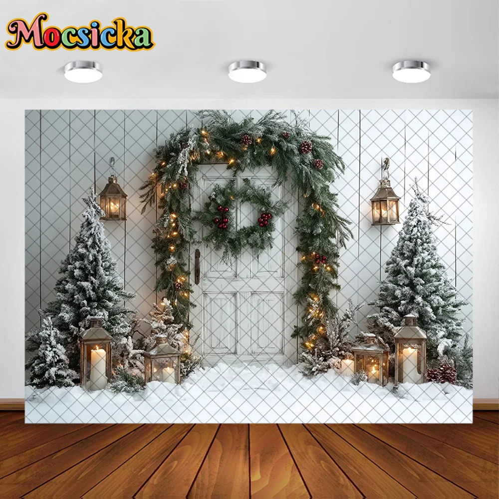 Mocsicka خلفيات للتصوير الفوتوغرافي شجرة عيد الميلاد إكليل الثلوج ديكورا الأسرة عيد الميلاد عطلة صورة خلفيات الصور للصور
